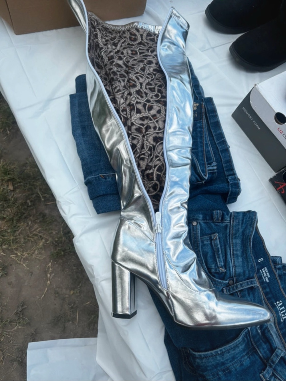 Silver Metallic Knee-High Block Heel Boots - Women